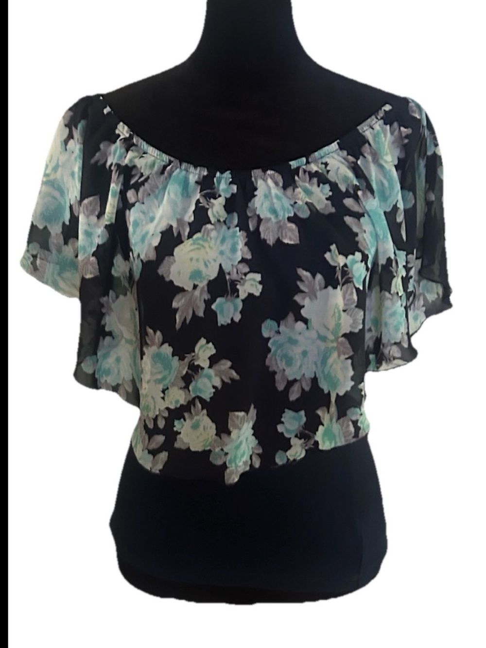 IZ Byer Women's Blue Floral Off Shoulder Ruffle Flutter Sleeve Blouse, S
